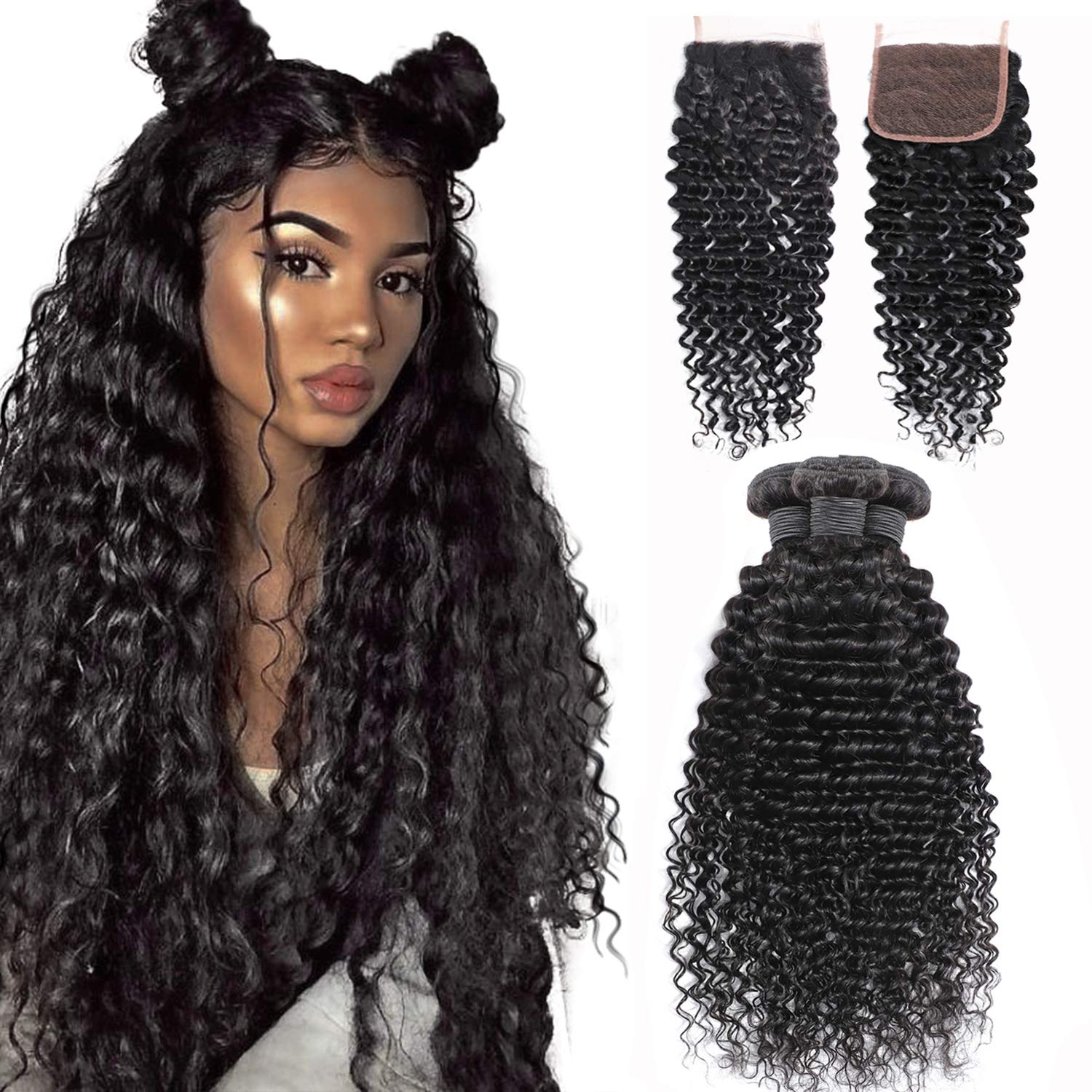 BeuMax 10A Grade 3/4 Deep Wave Bundles with 4x4 Closure, showcasing luxurious, bouncy waves made from 100% virgin unprocessed human hair.