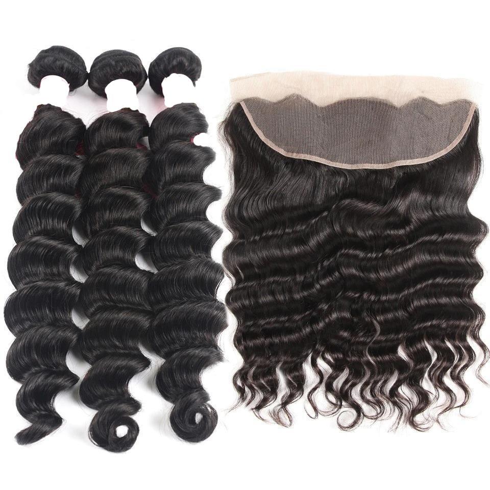 BeuMax 10A Grade 3/4 loose body wave bundles with 13x4 frontal, showcasing natural waves and high-quality virgin human hair.