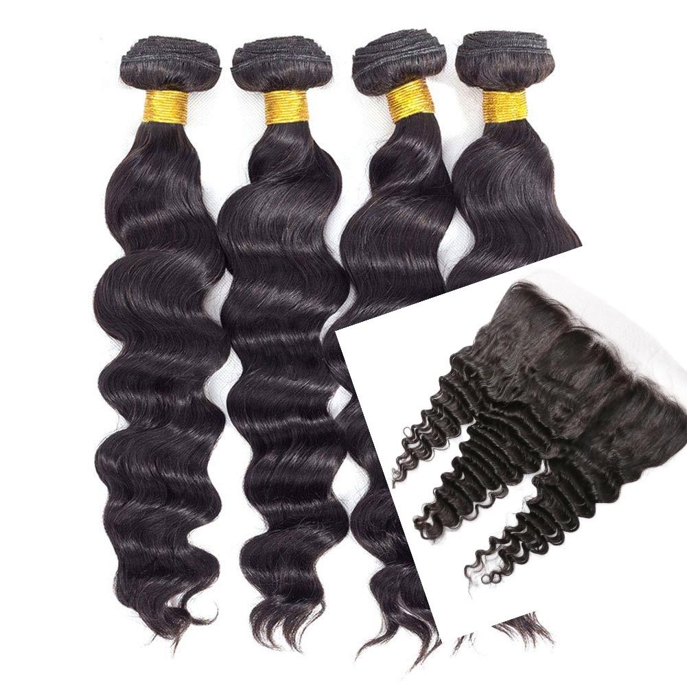 BeuMax 10A Grade 3/4 loose body wave bundles with 13x4 frontal, showcasing natural waves and high-quality virgin human hair.