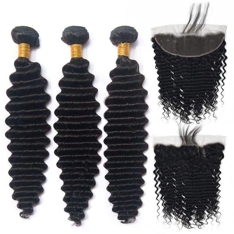 BeuMax 10A Grade 3/4 Loose Deep Wave Bundles with 13x4 Frontal, showcasing natural wavy texture and high-quality virgin human hair.