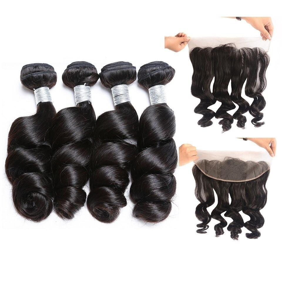 BeuMax 10A Grade 3/4 Loose Wave hair bundles with 13x4 Frontal, showcasing natural waves and high-quality virgin human hair.