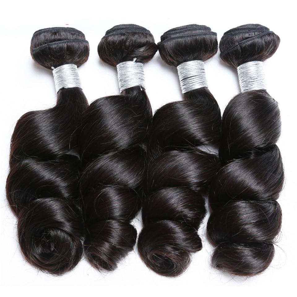 BeuMax 10A Grade 3/4 Loose Wave hair bundles with 13x4 Frontal, showcasing natural waves and high-quality virgin human hair.