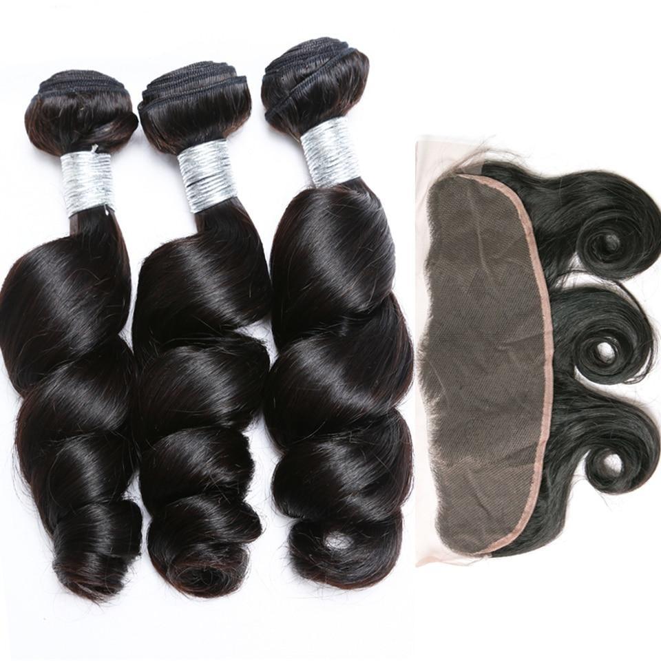 BeuMax 10A Grade 3/4 Loose Wave hair bundles with 13x4 Frontal, showcasing natural waves and high-quality virgin human hair.