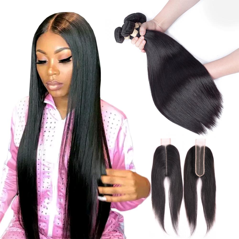 BeuMax 10A Grade 3/4 Straight Hair Bundles with 2x6 Closure, showcasing luxurious, unprocessed virgin human hair in a sleek, straight style.