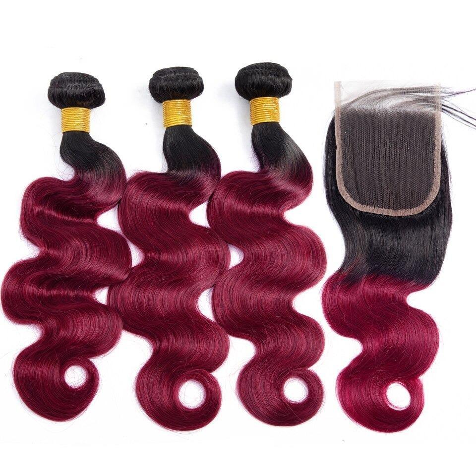 BeuMax 1B Burgundy Body Wave Bundles with Closures & Frontals showcasing luxurious, wavy texture and rich color.