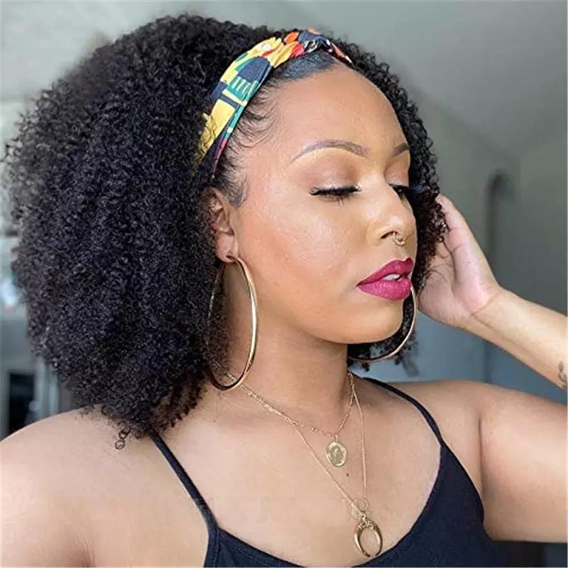 BeuMax Headband Afro Kinky Curly Scarf Human Hair Wig showcasing natural black color and beautiful curls.