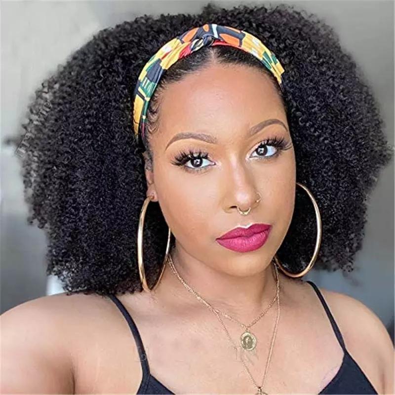 BeuMax Headband Afro Kinky Curly Scarf Human Hair Wig showcasing natural black color and beautiful curls.