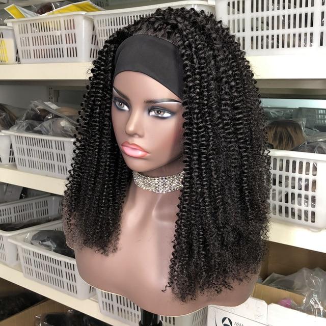 BeuMax Headband Afro Kinky Curly Scarf Human Hair Wig showcasing natural black color and beautiful curls.