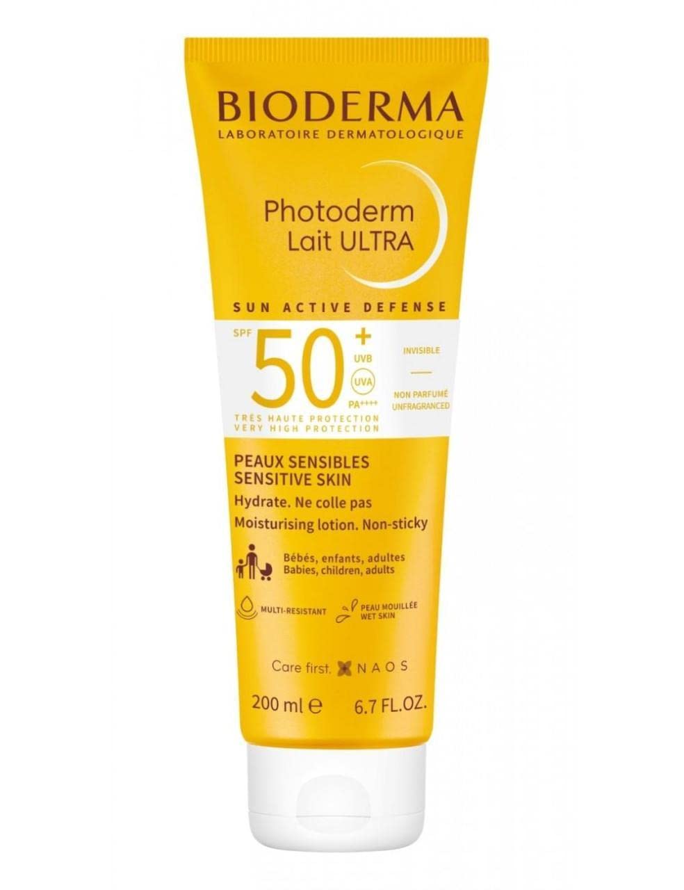 Bioderma Photoderm Lait Ultra SPF50+ 200ml sunscreen bottle with a sleek design, ideal for sensitive skin protection.