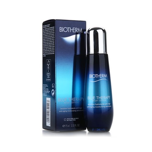 Biotherm Blue Therapy Milky Lotion Anti-Aging Moisturising Emulsion in a sleek bottle, showcasing its milky texture and hydrating properties.