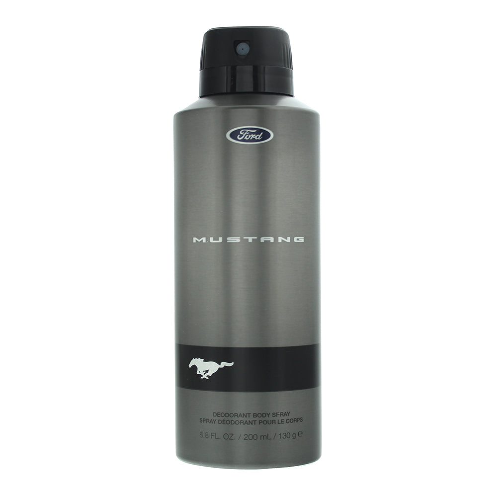 A sleek black can of Mustang Black Body Spray with a modern design, showcasing its bold branding.