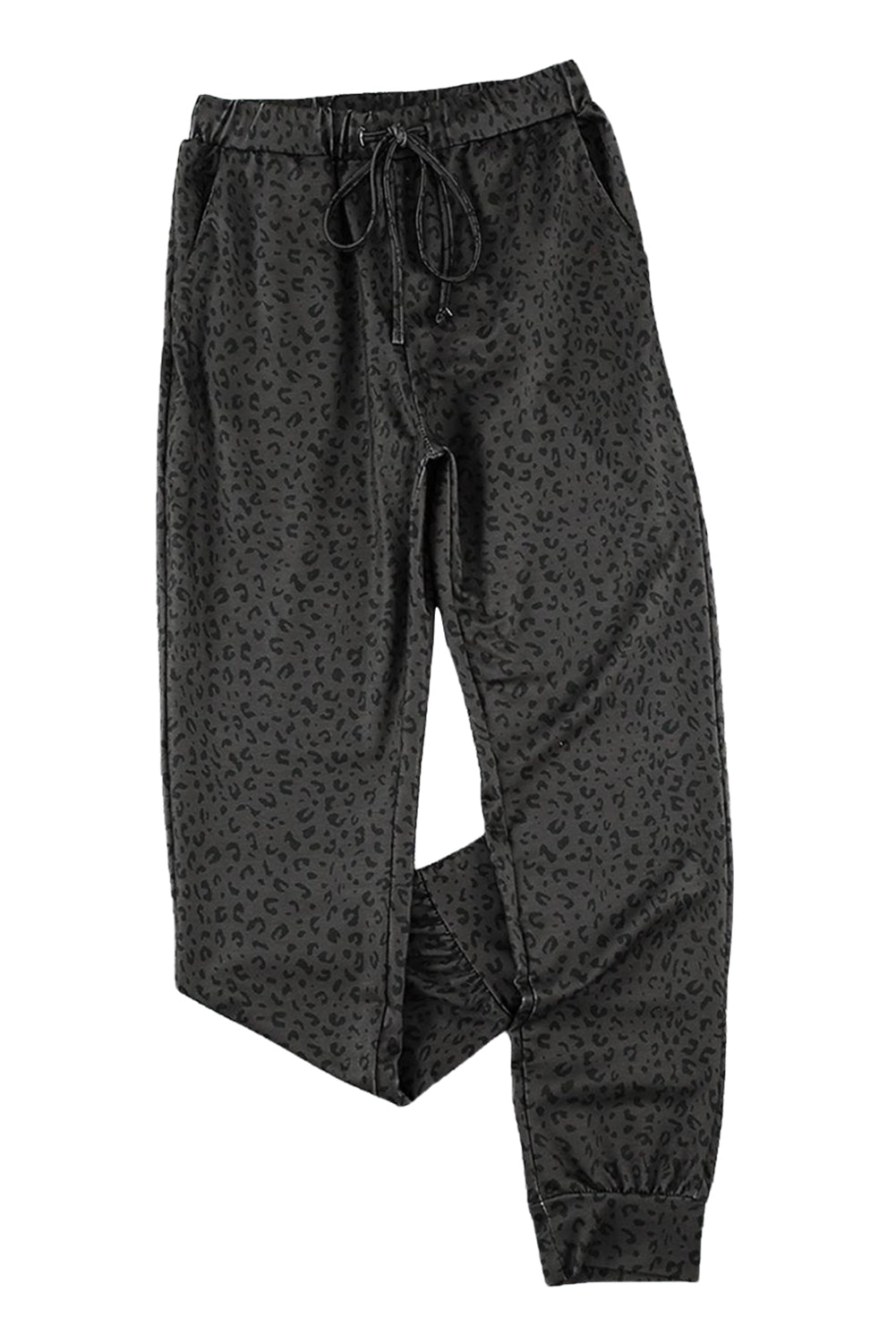 Black Breezy Leopard Joggers featuring a stylish leopard print and adjustable smocked waist, perfect for casual wear.