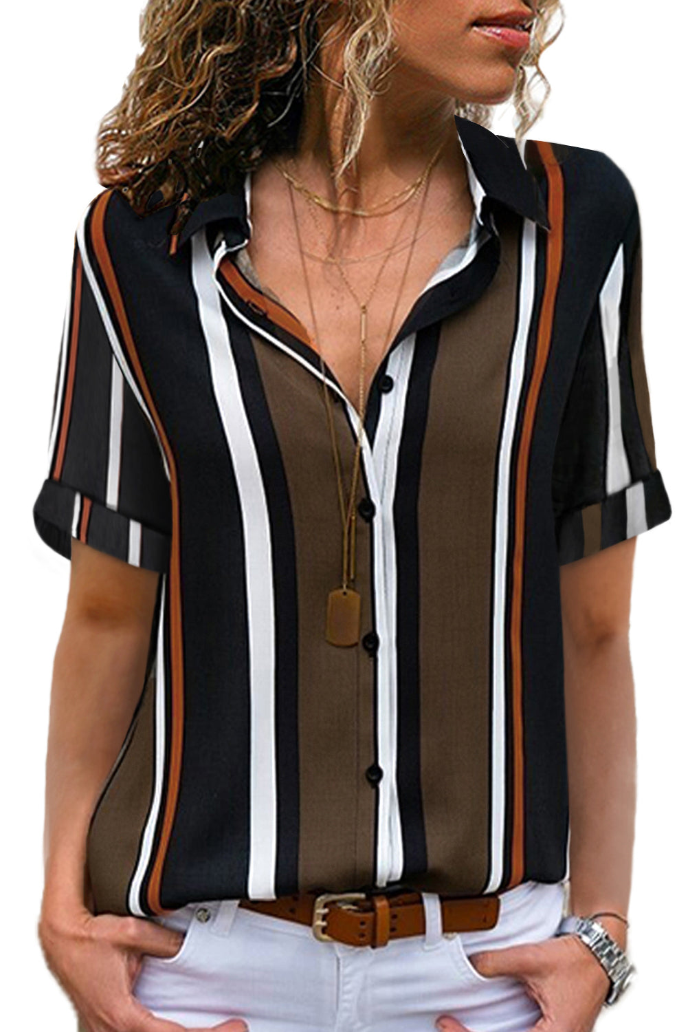 Black and brown striped short sleeve button shirt with a relaxed fit and collar, perfect for casual and professional settings.