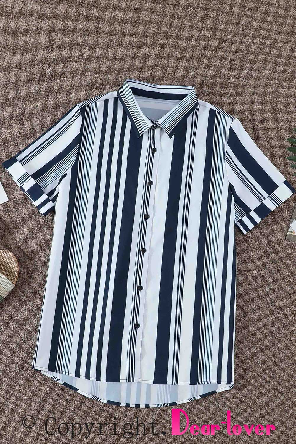 Black and brown striped short sleeve button shirt with a relaxed fit and collar, perfect for casual and professional settings.