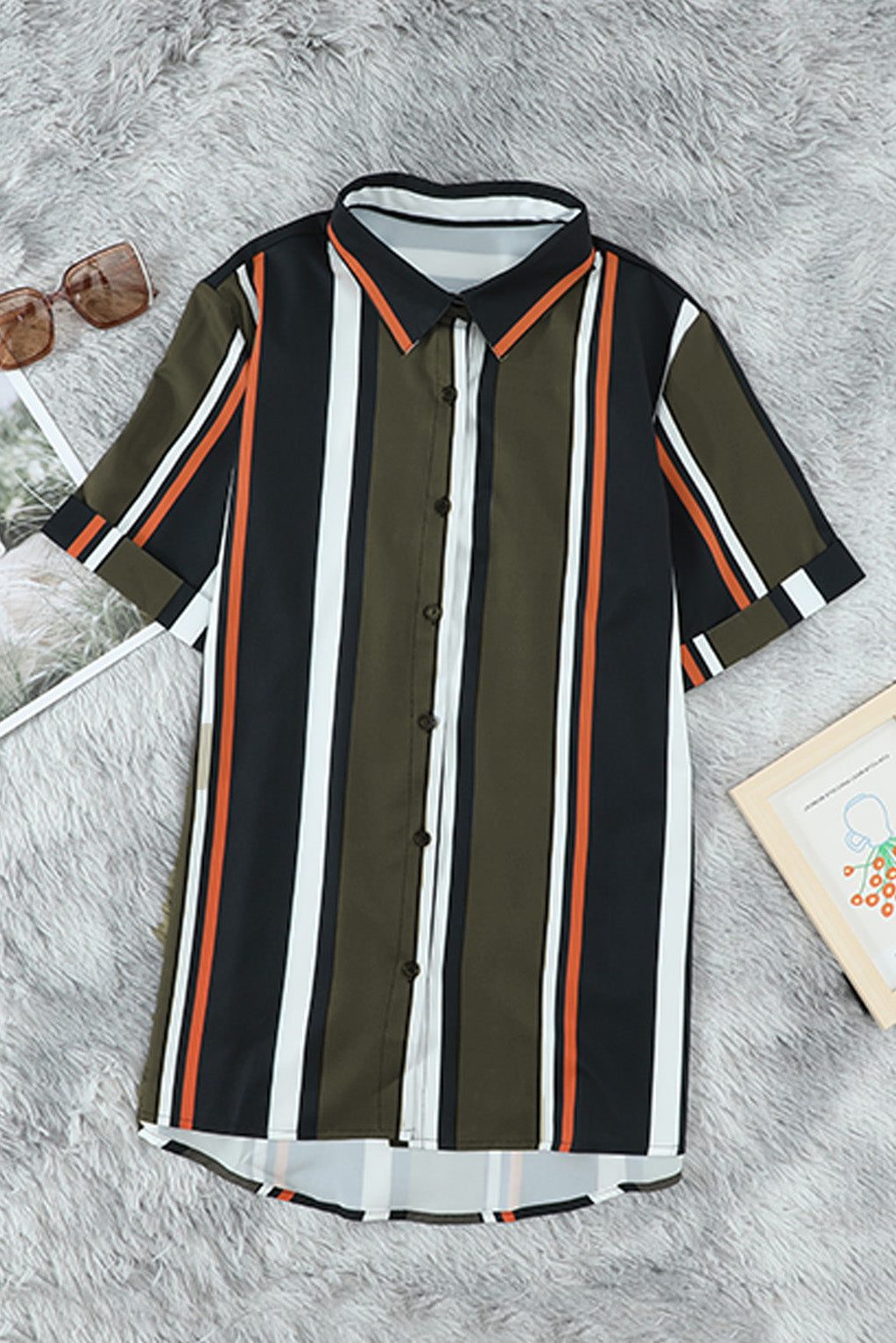 Black and brown striped short sleeve button shirt with a relaxed fit and collar, perfect for casual and professional settings.