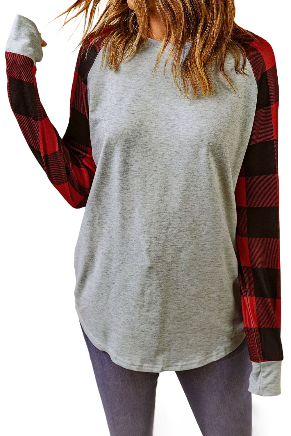 Black Buffalo Plaid Long Sleeve Sweatshirt featuring a cozy cotton blend fabric and stylish patchwork design.