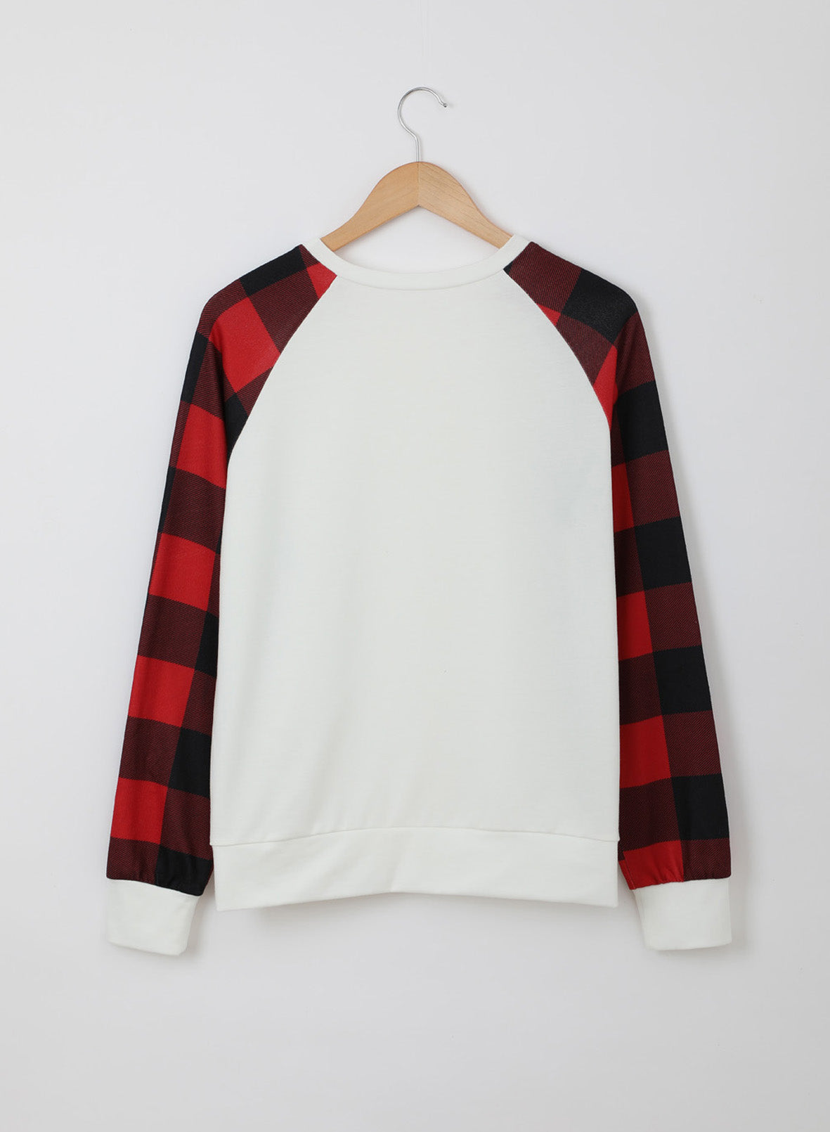 Black Buffalo Plaid Long Sleeve Sweatshirt featuring a cozy cotton blend fabric and stylish patchwork design.