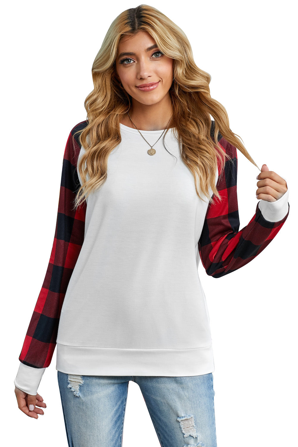 Black Buffalo Plaid Long Sleeve Sweatshirt featuring a cozy cotton blend fabric and stylish patchwork design.