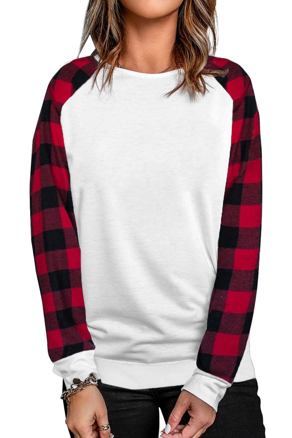 Black Buffalo Plaid Long Sleeve Sweatshirt featuring a cozy cotton blend fabric and stylish patchwork design.