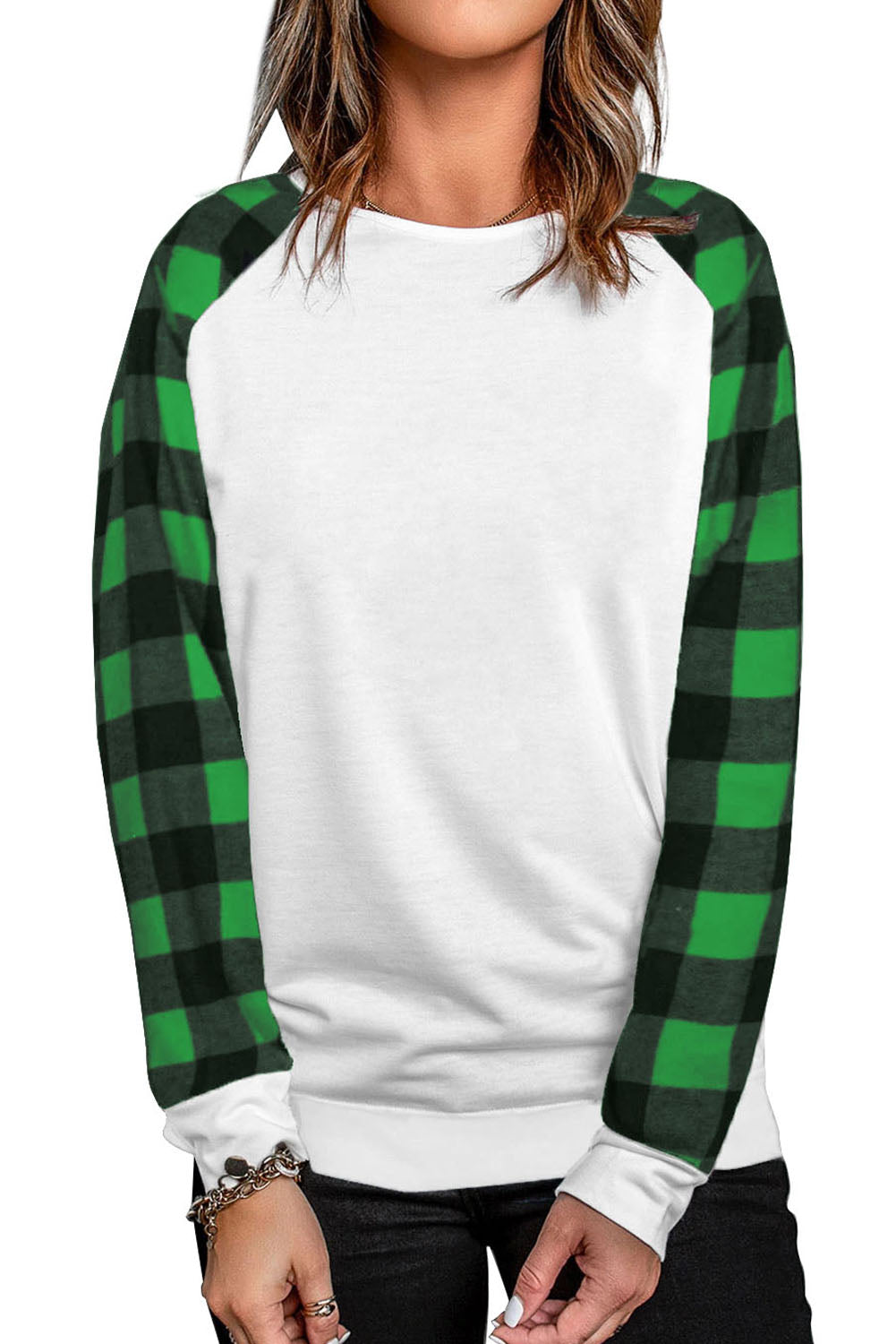 Black Buffalo Plaid Long Sleeve Sweatshirt featuring a cozy cotton blend fabric and stylish patchwork design.