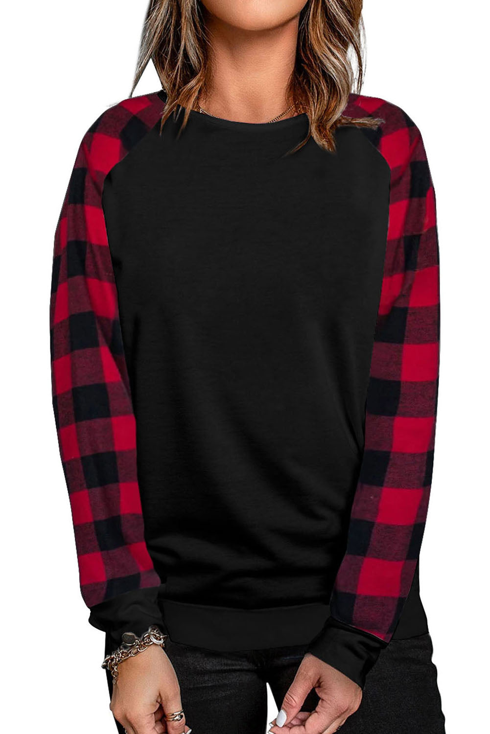 Black Buffalo Plaid Long Sleeve Sweatshirt featuring a cozy cotton blend fabric and stylish patchwork design.