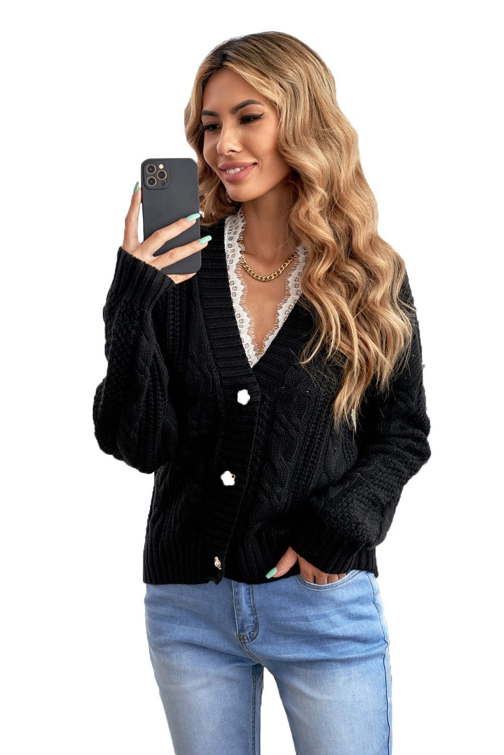 A stylish black knit cardigan featuring button closures, deep v-neck, and long drop-shoulder sleeves, perfect for layering in cold weather.