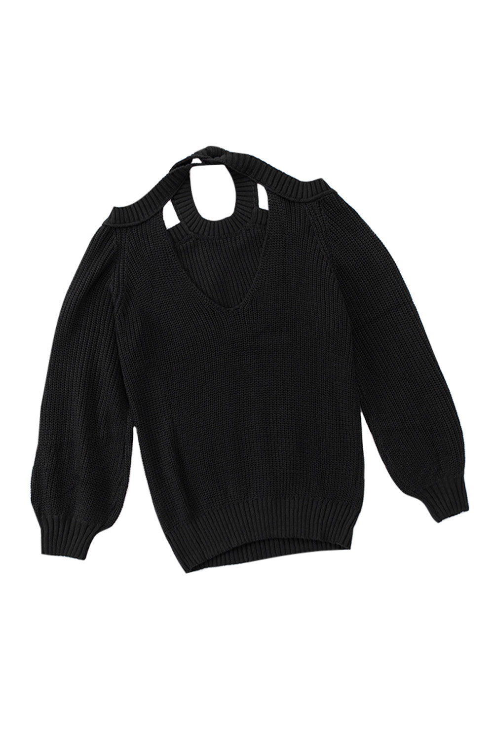 A stylish black casual loose halter neck sweater featuring cold shoulder cutouts and ribbed knit fabric, perfect for versatile styling.