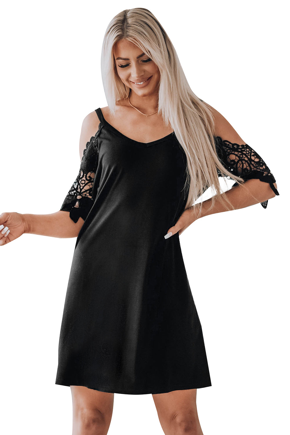 A stylish black mini dress featuring cold shoulder design, V-neckline, and lace sleeves, perfect for a chic and sexy look.