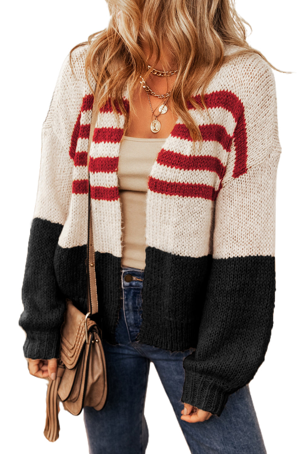 A stylish black colorblock striped open cardigan, featuring a chic design perfect for winter layering.