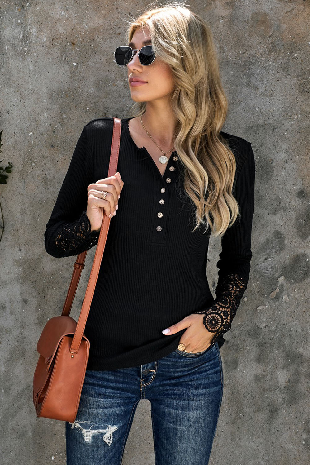 Black Crochet Lace Hem Sleeve Button Top featuring elegant lace sleeves and a stylish half-open collar.