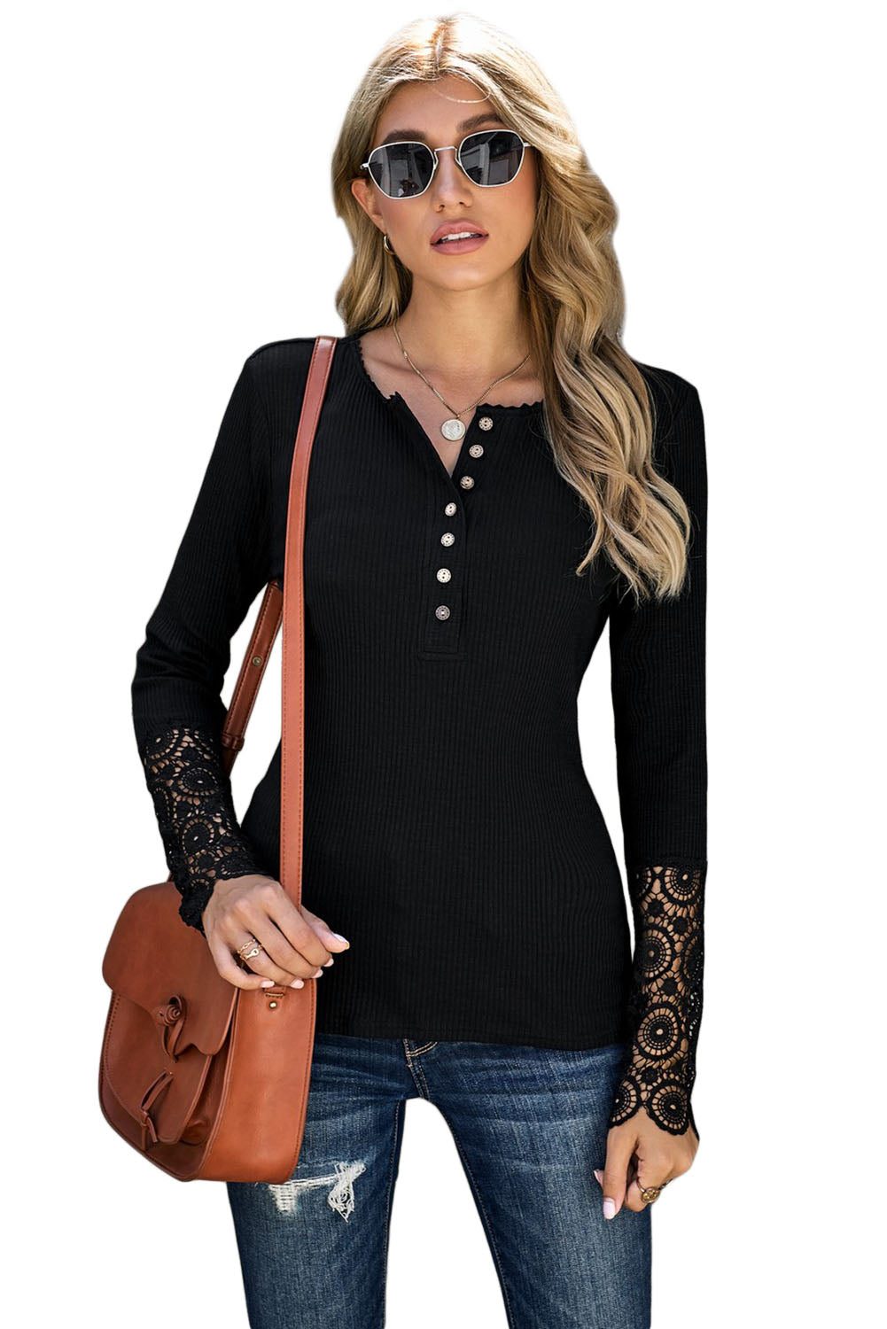 Black Crochet Lace Hem Sleeve Button Top featuring elegant lace sleeves and a stylish half-open collar.