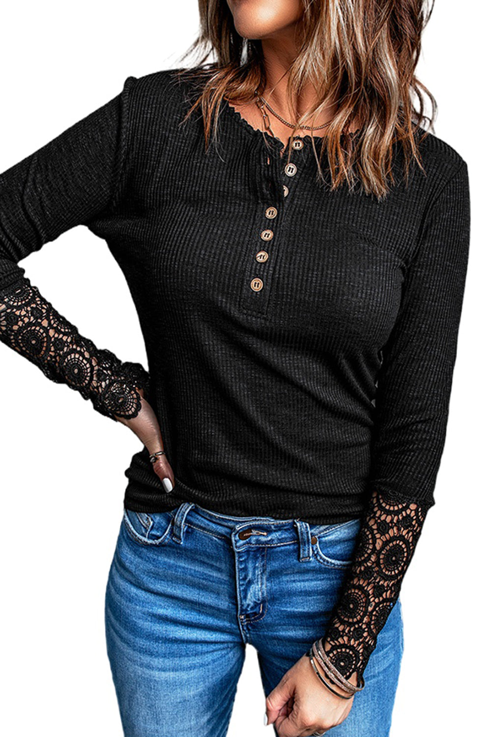 Black Crochet Lace Hem Sleeve Button Top featuring elegant lace sleeves and a stylish half-open collar.