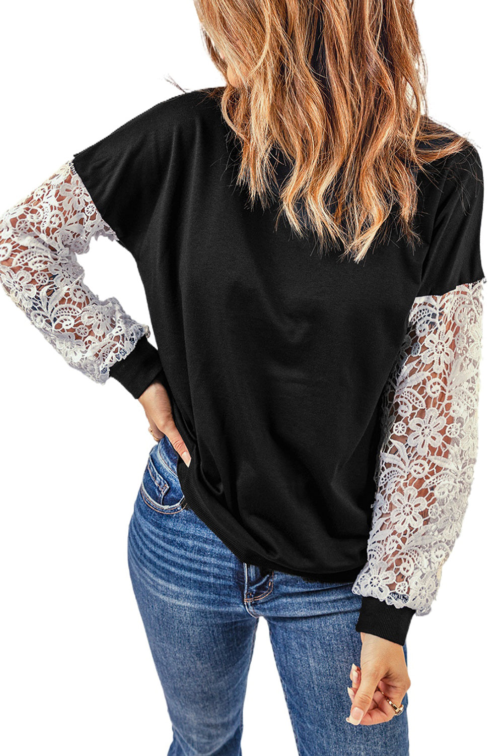 Black Crochet Lace Sleeve Top featuring elegant lace splicing sleeves and a casual chic pullover design, suitable for various body shapes.