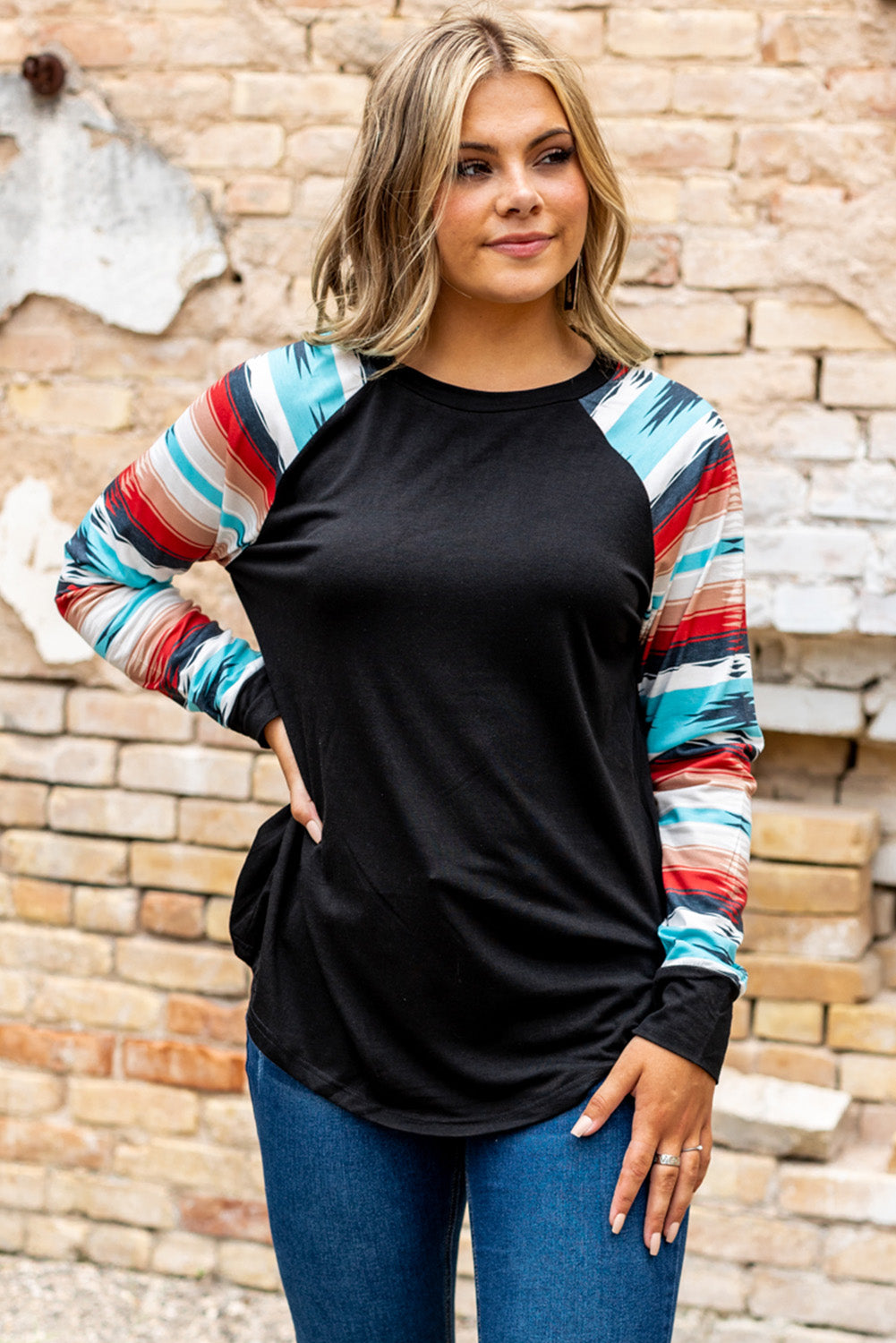 Black Desert Love Tribal Sleeve Top featuring an elegant tribal print design, round neck, and cozy slim silhouette, perfect for casual wear.