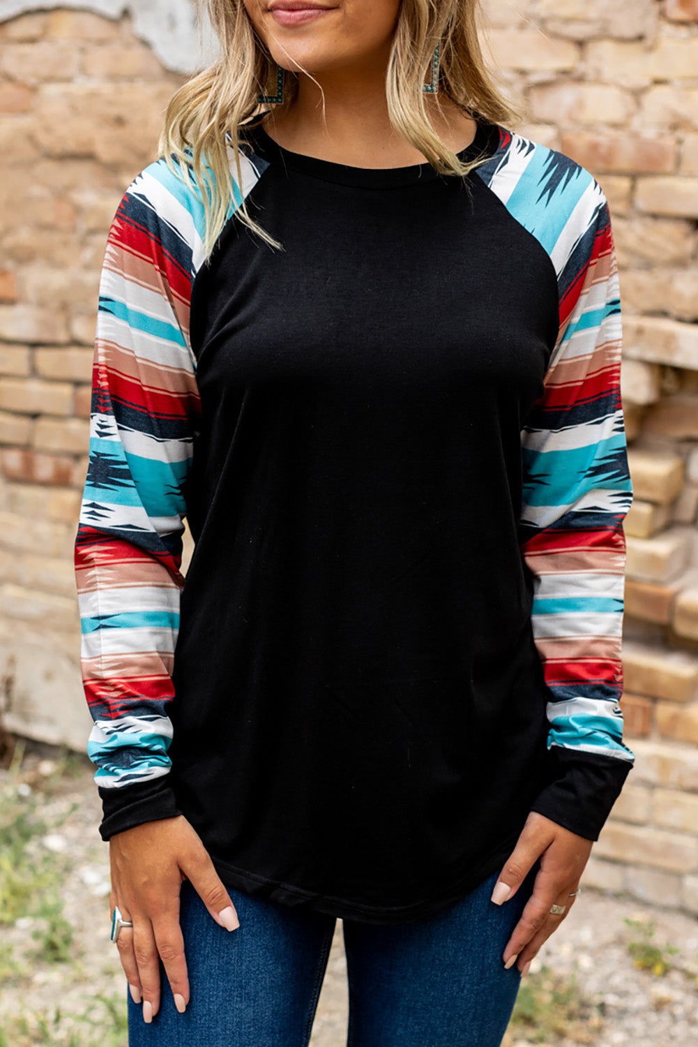 Black Desert Love Tribal Sleeve Top featuring an elegant tribal print design, round neck, and cozy slim silhouette, perfect for casual wear.