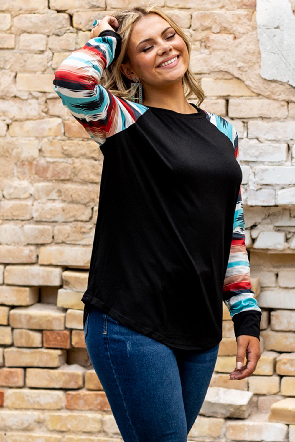 Black Desert Love Tribal Sleeve Top featuring an elegant tribal print design, round neck, and cozy slim silhouette, perfect for casual wear.