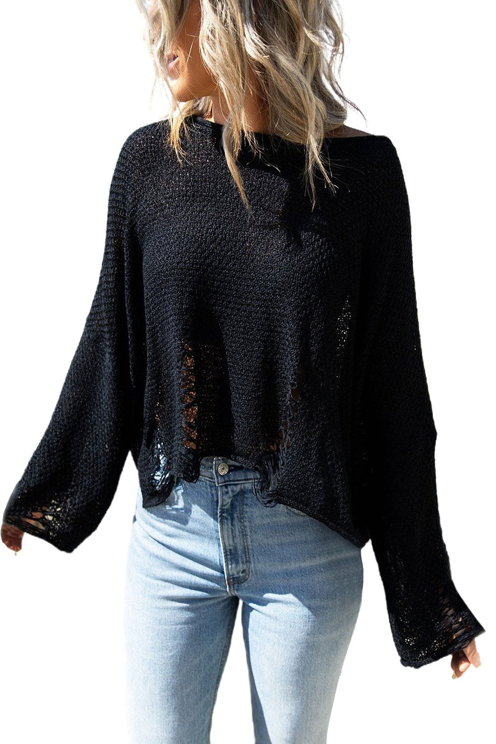 Black distressed boxy fit crop knit sweater with long sleeves, showcasing a relaxed style and trendy details.