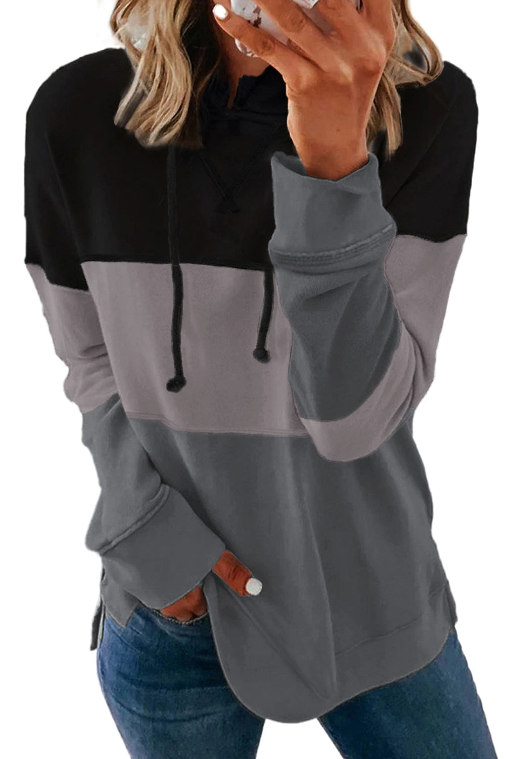 Black Drawstring Color Block Stripe Casual Hoodie featuring pastel stripes and a hooded neckline, perfect for casual wear.