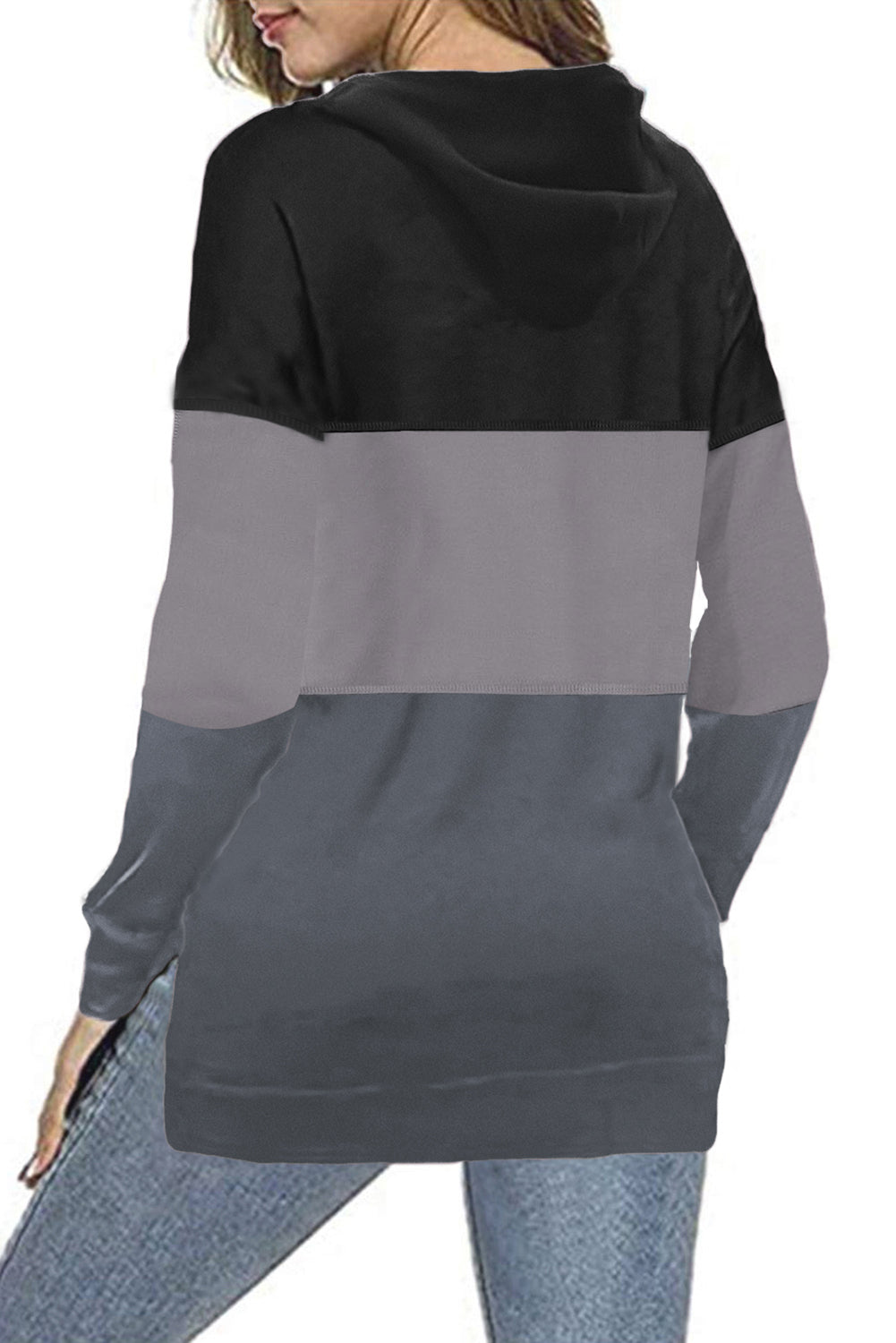 Black Drawstring Color Block Stripe Casual Hoodie featuring pastel stripes and a hooded neckline, perfect for casual wear.