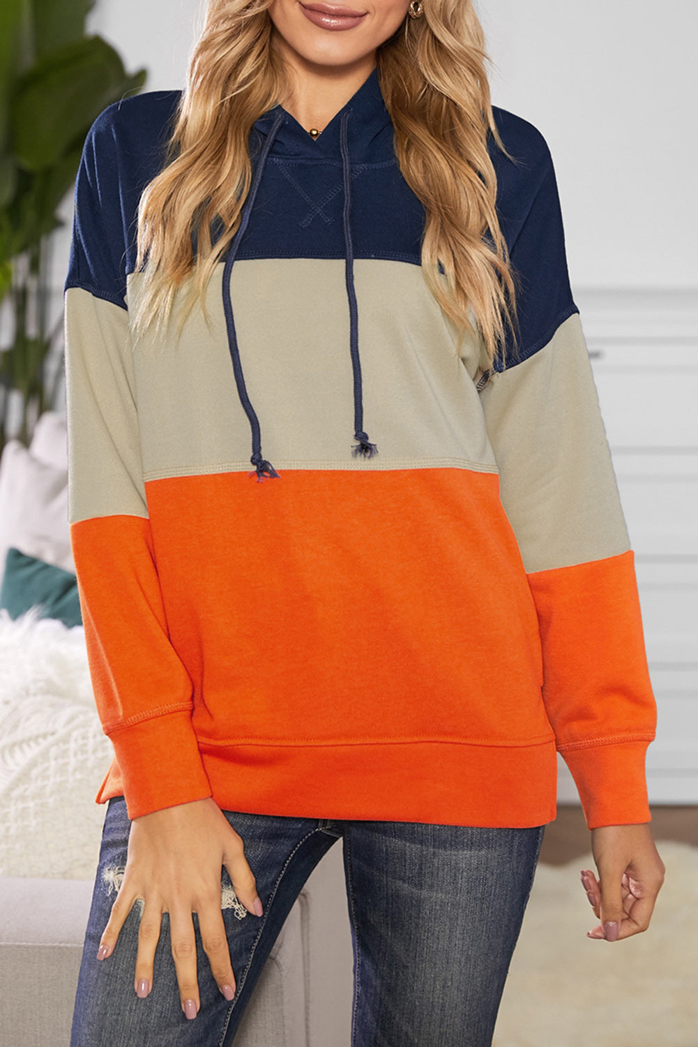 Black Drawstring Color Block Stripe Casual Hoodie featuring pastel stripes and a hooded neckline, perfect for casual wear.