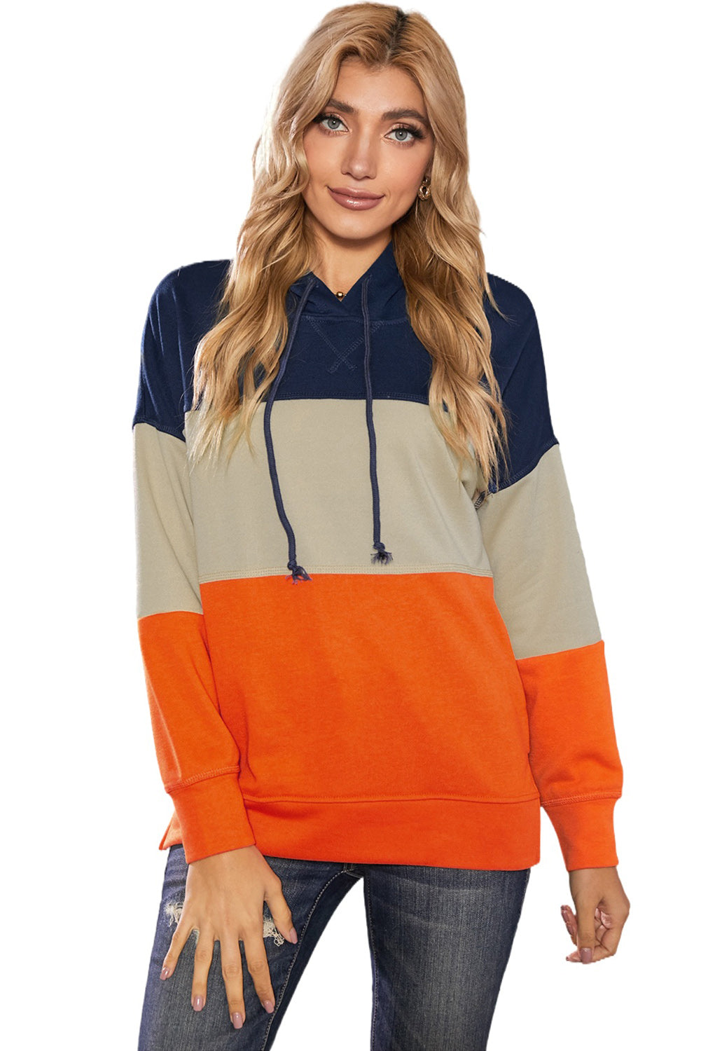 Black Drawstring Color Block Stripe Casual Hoodie featuring pastel stripes and a hooded neckline, perfect for casual wear.