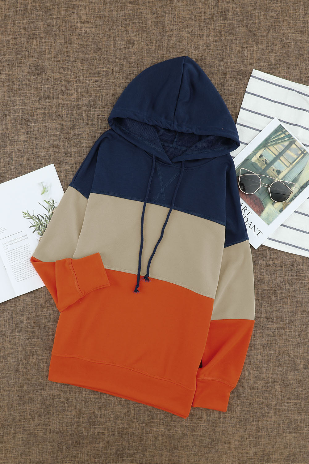 Black Drawstring Color Block Stripe Casual Hoodie featuring pastel stripes and a hooded neckline, perfect for casual wear.