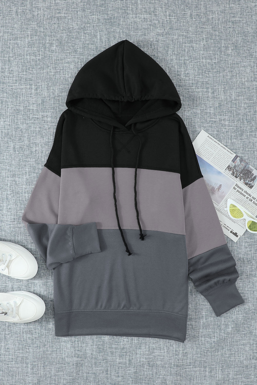 Black Drawstring Color Block Stripe Casual Hoodie featuring pastel stripes and a hooded neckline, perfect for casual wear.