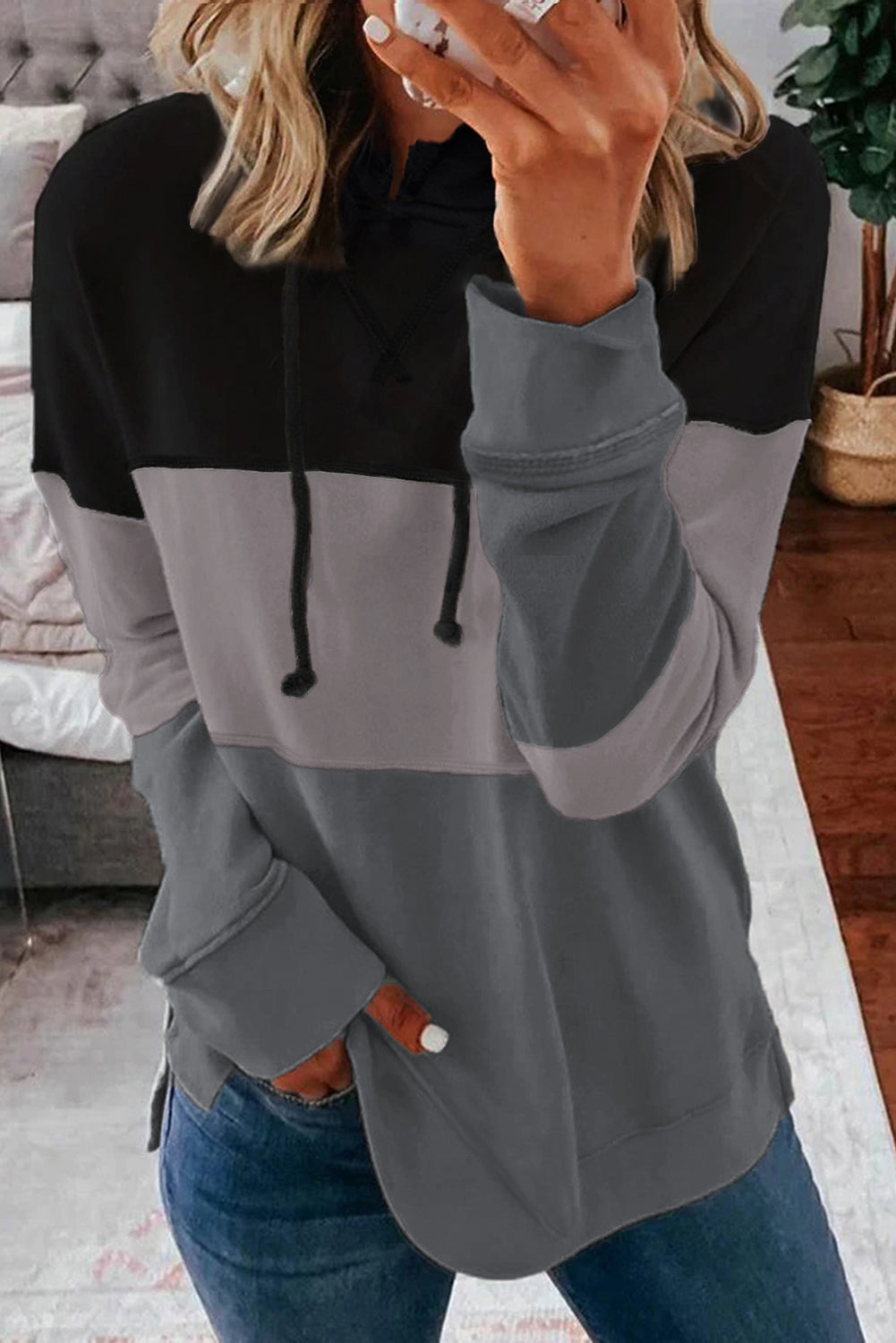 Black Drawstring Color Block Stripe Casual Hoodie featuring pastel stripes and a hooded neckline, perfect for casual wear.