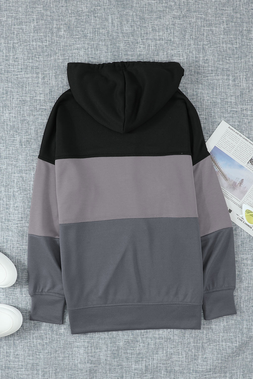 Black Drawstring Color Block Stripe Casual Hoodie featuring pastel stripes and a hooded neckline, perfect for casual wear.