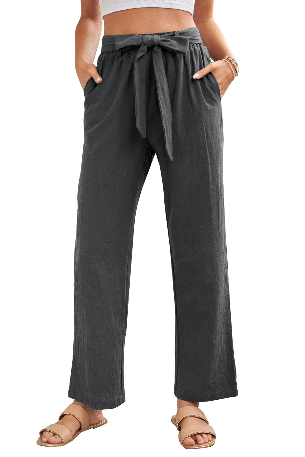 Black Elastic Waist Drawstring Wide Leg Pants displayed on a mannequin, showcasing the wide leg design and adjustable drawstring waist.