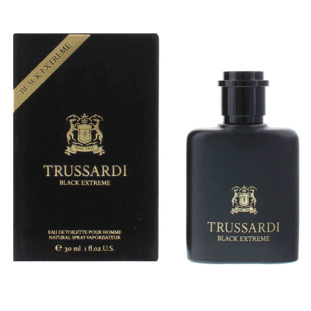 Trussardi Black Extreme Eau de Toilette in a sleek black bottle, showcasing its elegant design.