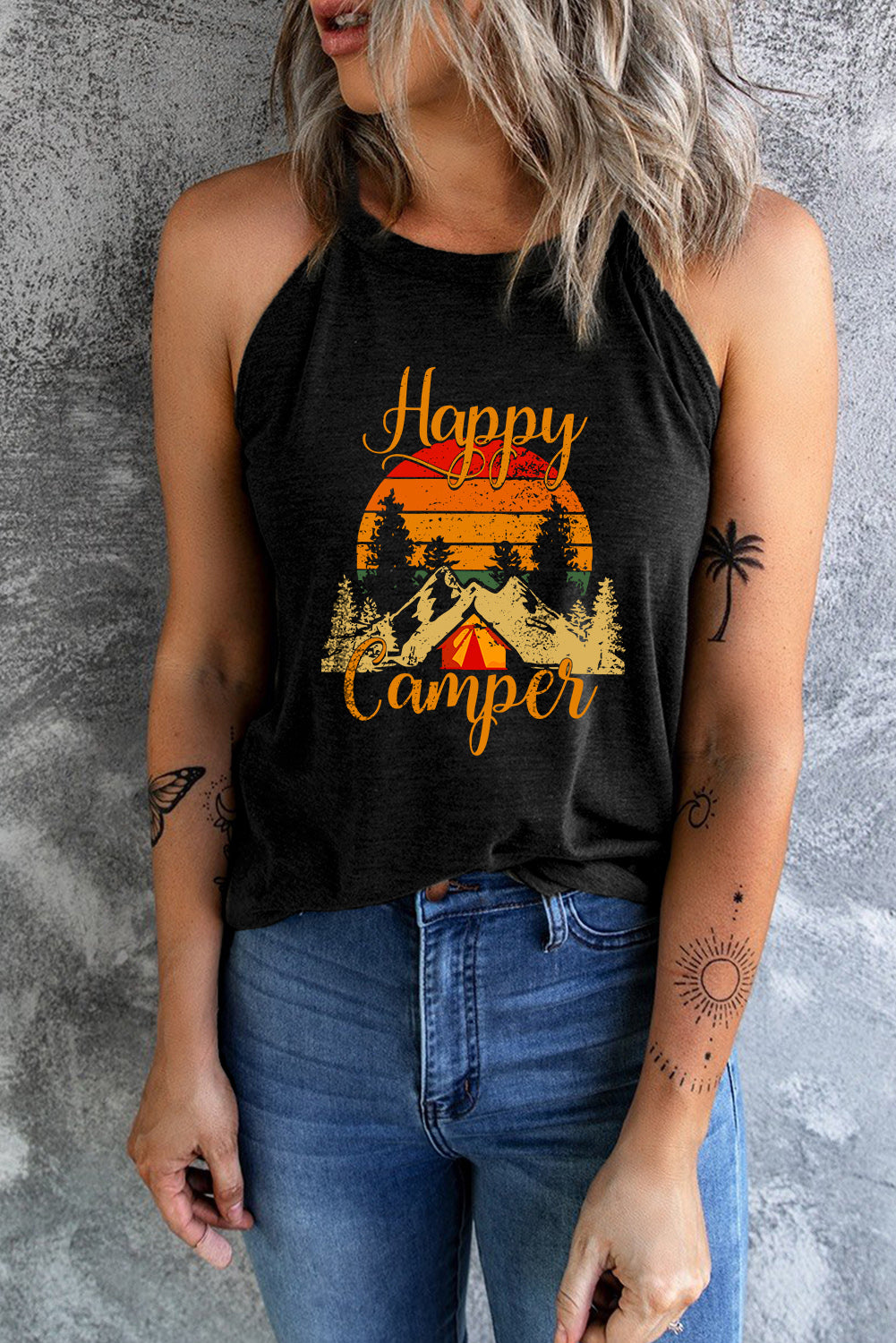 Black tank top featuring a 'Happy Camper' graphic print, designed for casual summer wear with a slim fit.