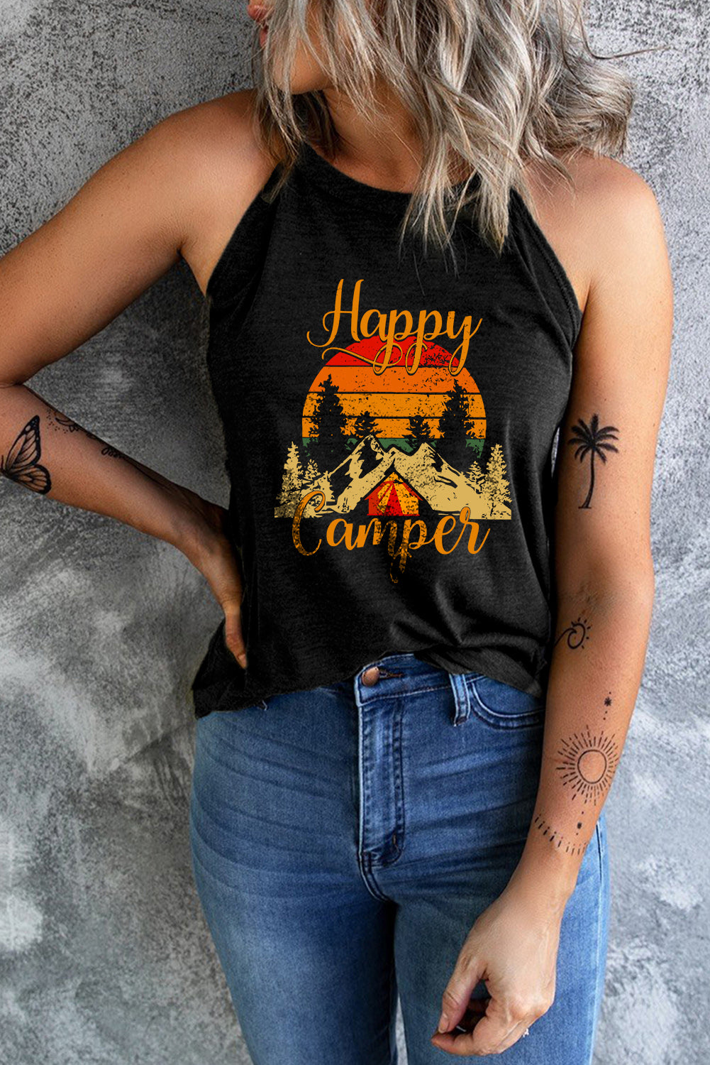 Black tank top featuring a 'Happy Camper' graphic print, designed for casual summer wear with a slim fit.