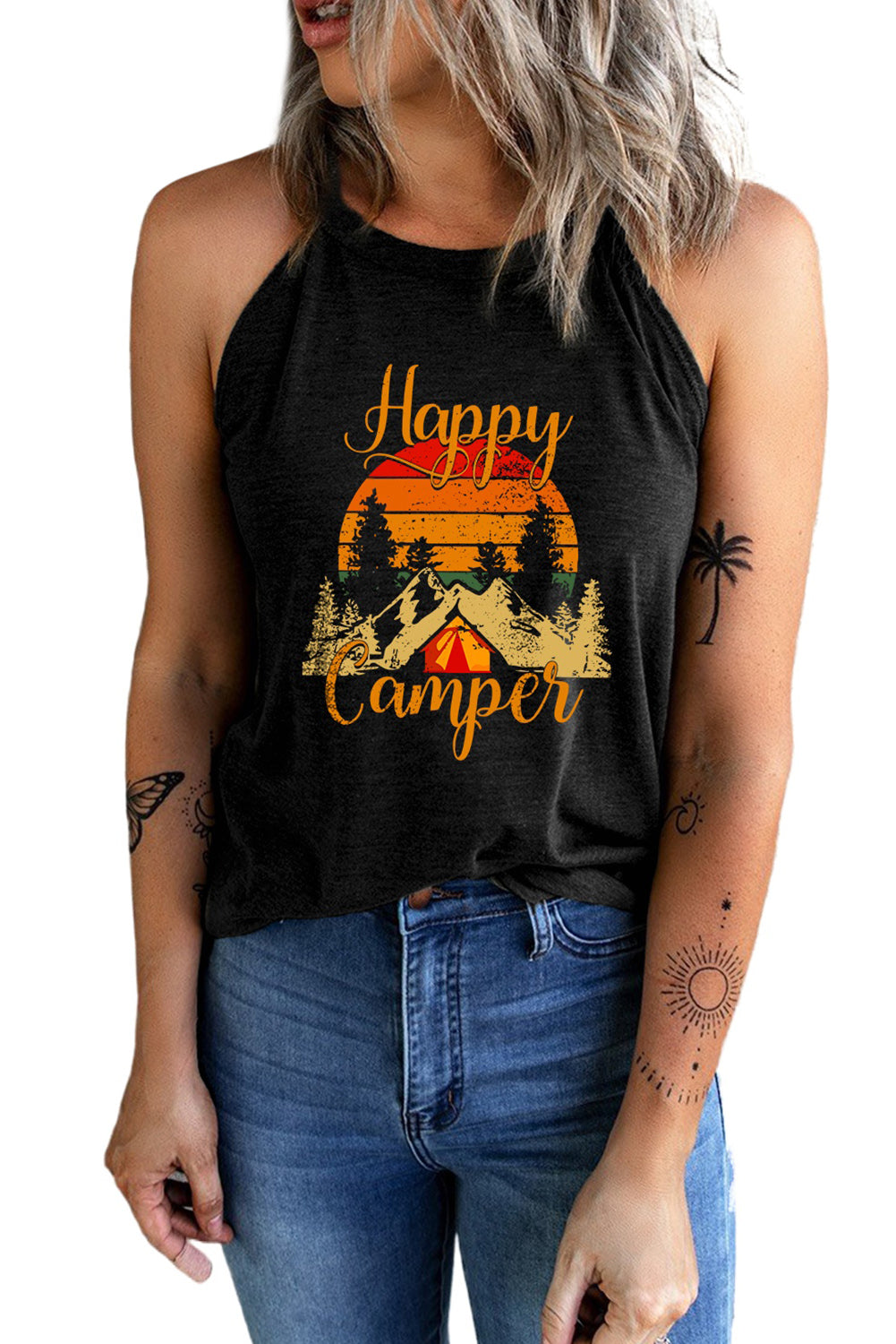 Black tank top featuring a 'Happy Camper' graphic print, designed for casual summer wear with a slim fit.